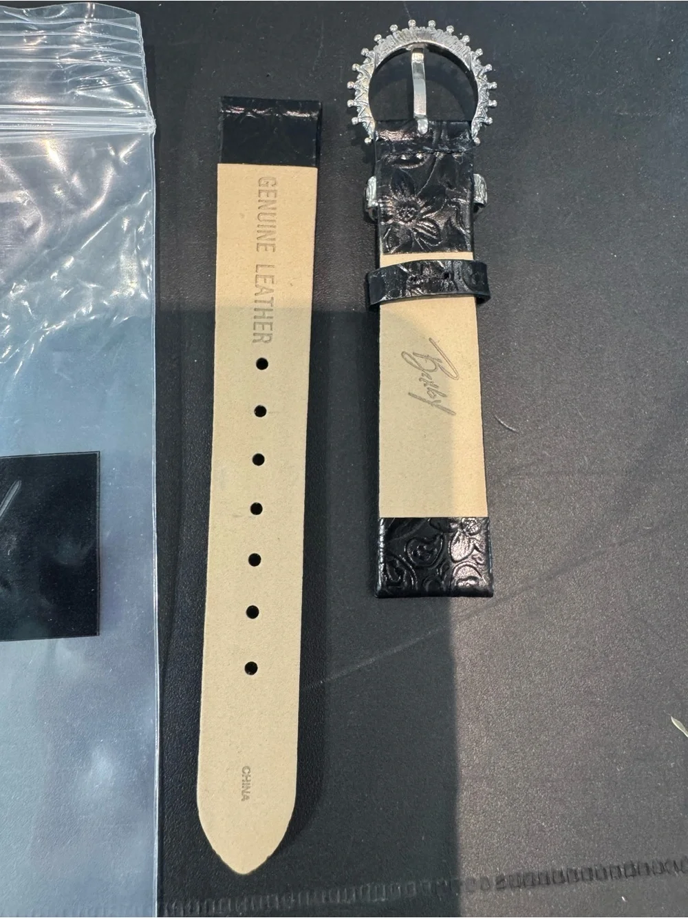 Authentic Barbara Bixby Original 16mm Watch Strap | Black Floral Tooled Leather